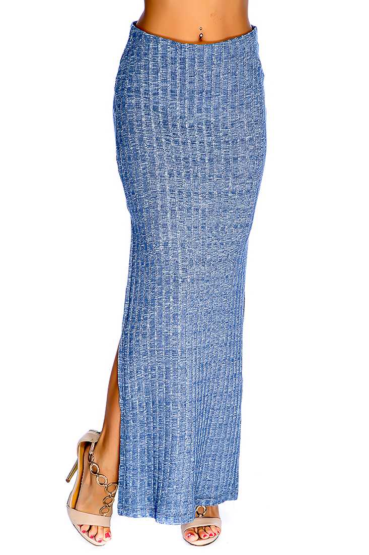 Blue Double Side Slit Ribbed Casual Maxi Skirt