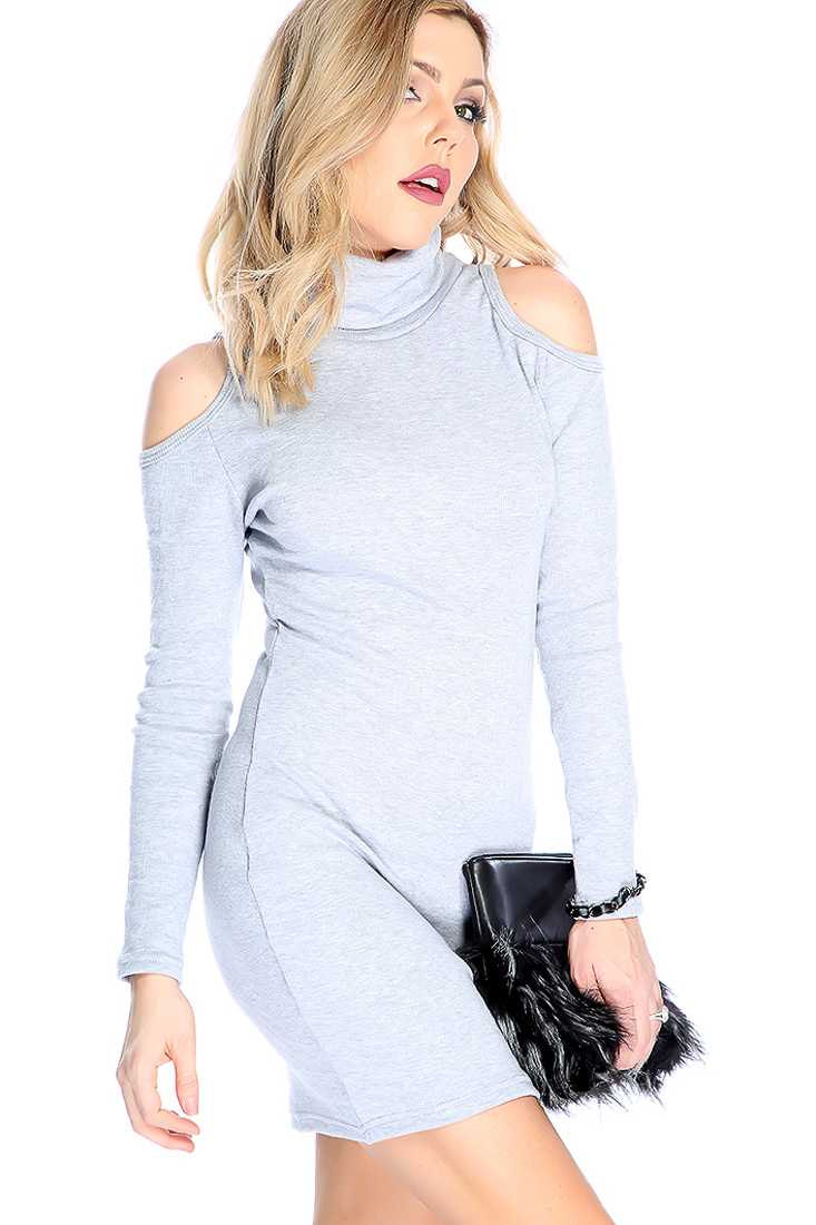 Sexy Grey Long Sleeve Shoulder Cutout Turtle Neck Casual Dress