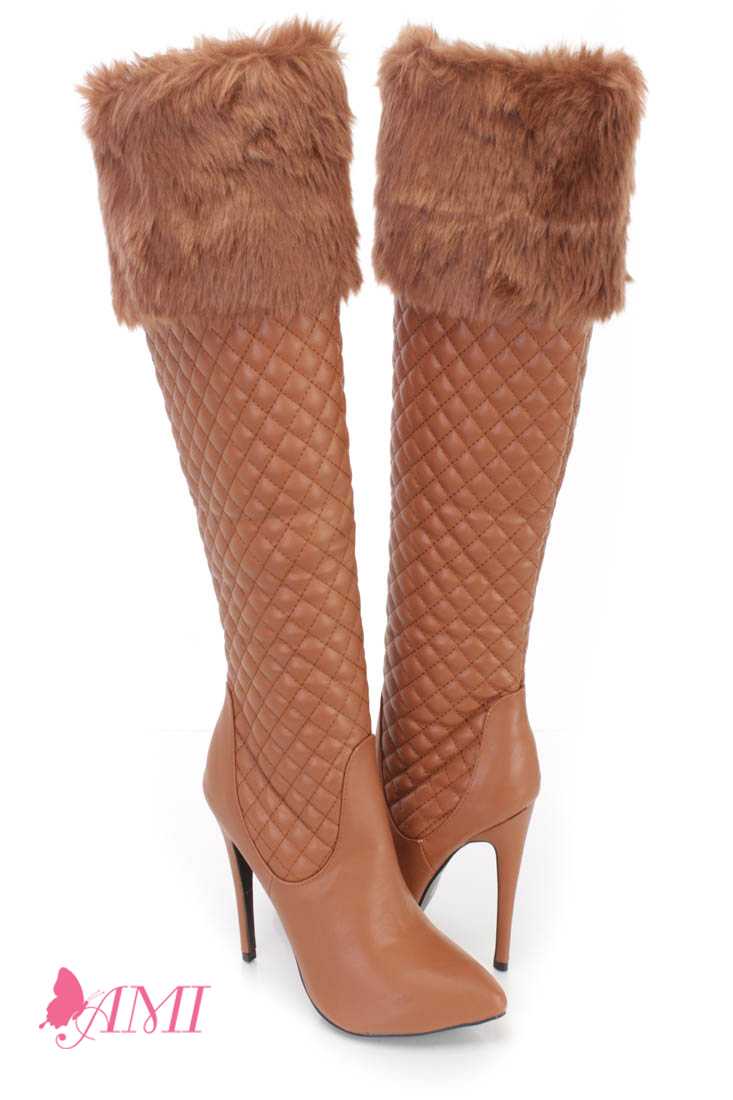 Cognac Faux Fur Cuffed Single Sole High Heel Boots Faux Leather