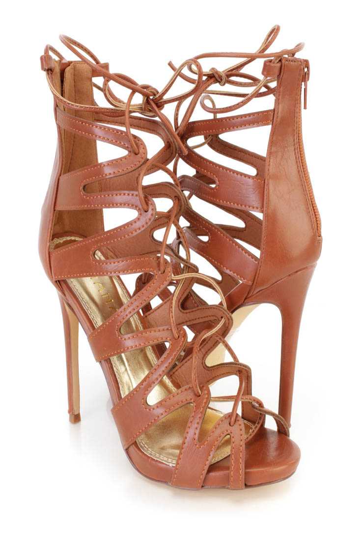 Cognac String Tie Lace Up Single Sole High Heels Faux Leather