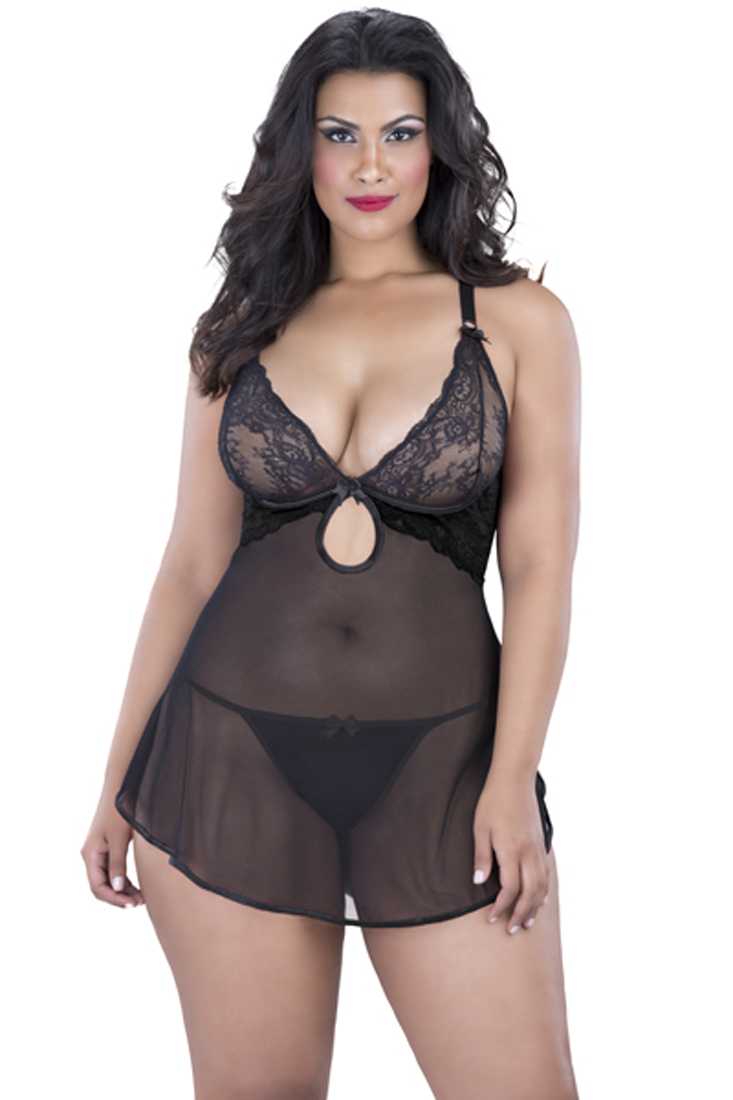 Black Lace Mesh 2Pc. Plus Size Lingerie Baby Doll Set