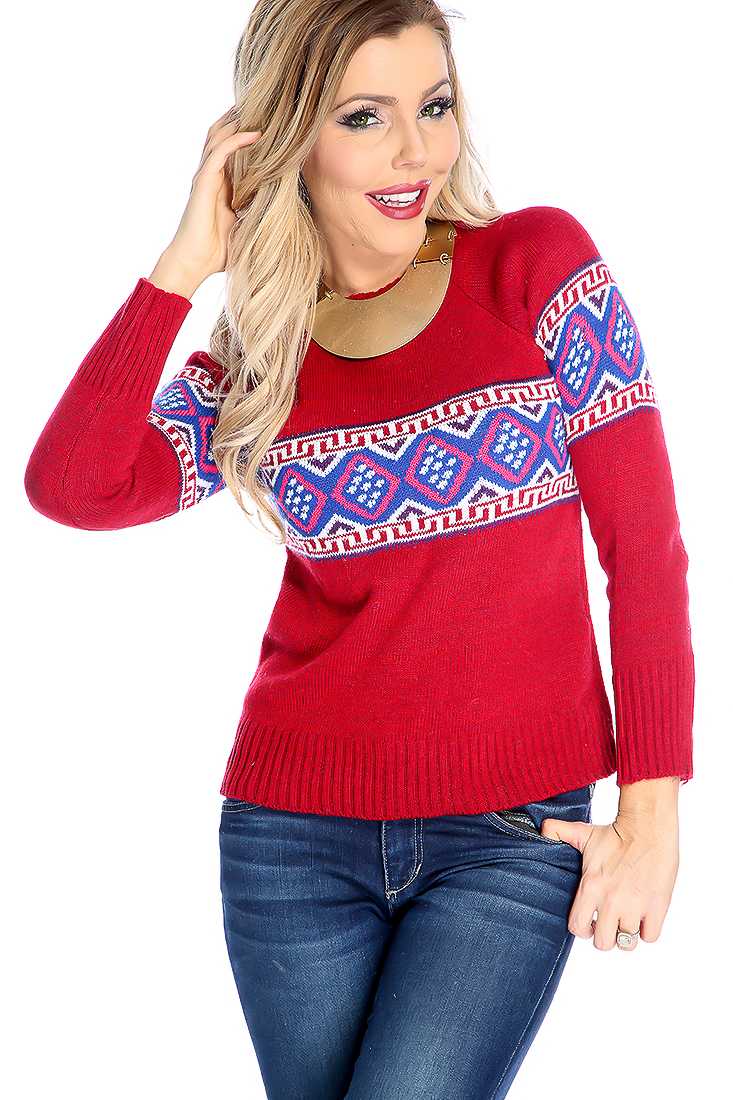 Stylish Wine Long Sleeve Tribal Print Sweater Top