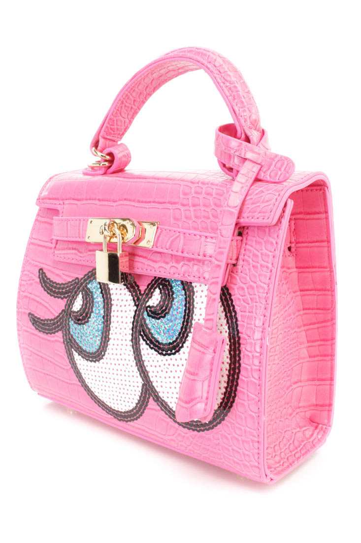 Fuchsia Faux Croc Skin Sequin Eyes Patch Handbag