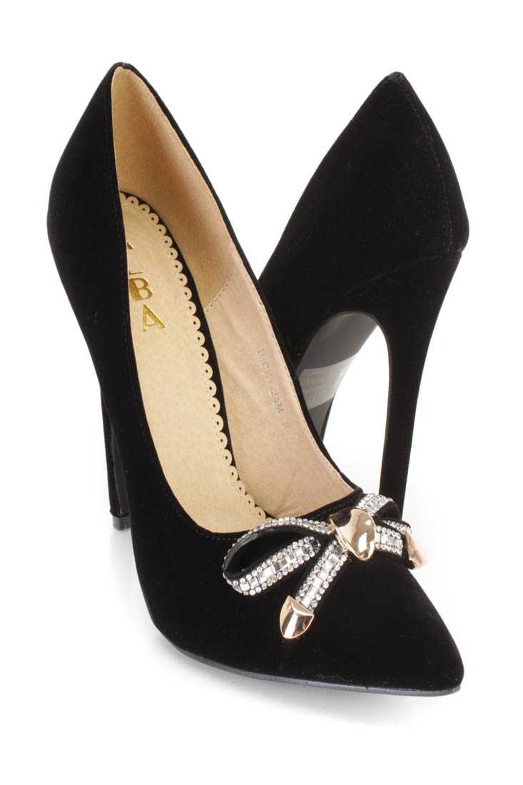 Black Rhinestone Bow Tie Single Sole Pump Heels Velvet