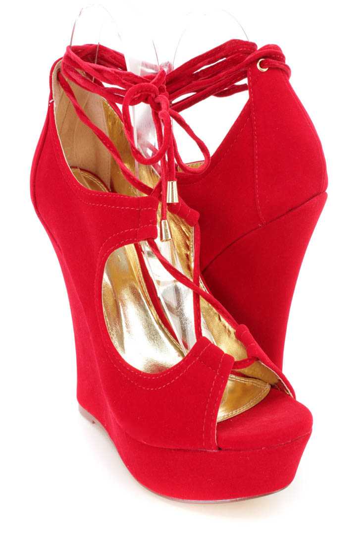 Red Peep Toe Wrap Around Platform Wedges Faux Suede