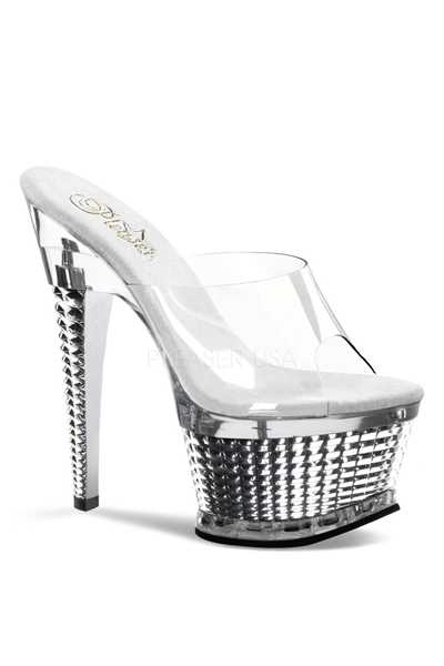 Clear Silver Chrome Slip On Textured Platform High Heels