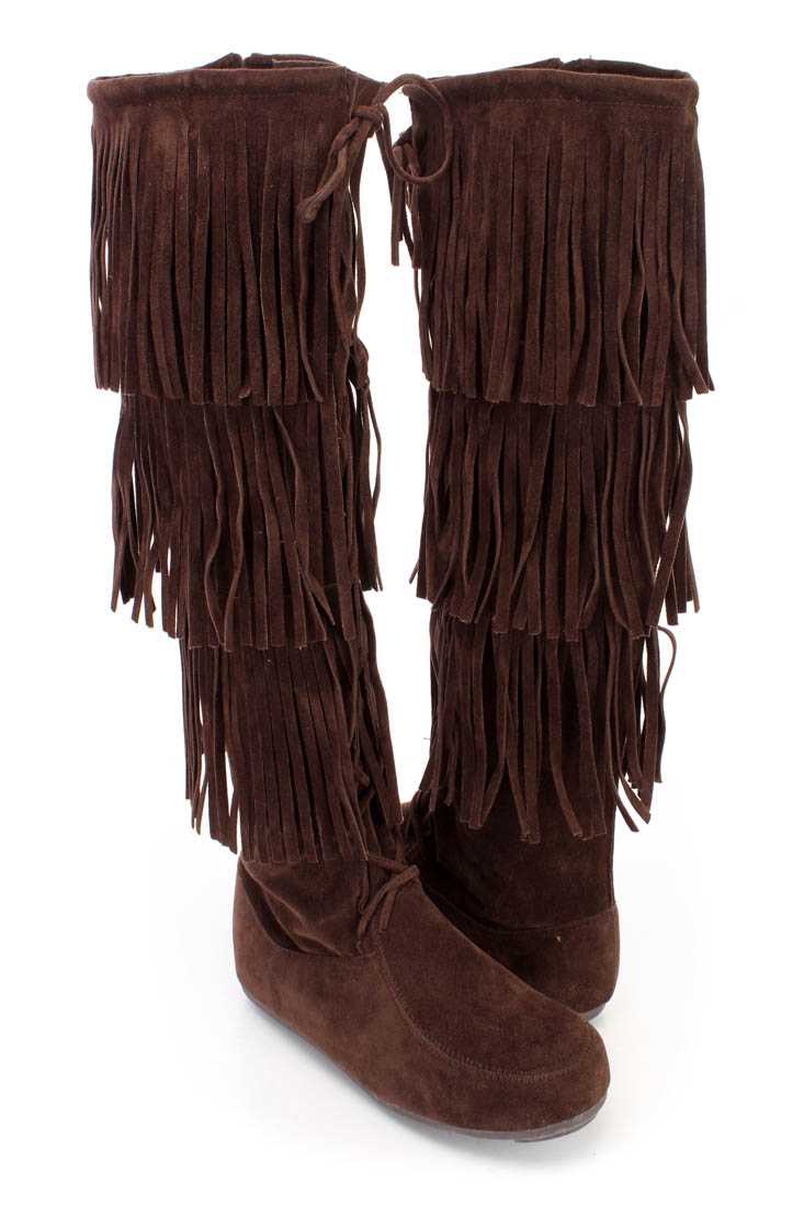 Brown Fringe Tiered Knee High Boots Faux Suede