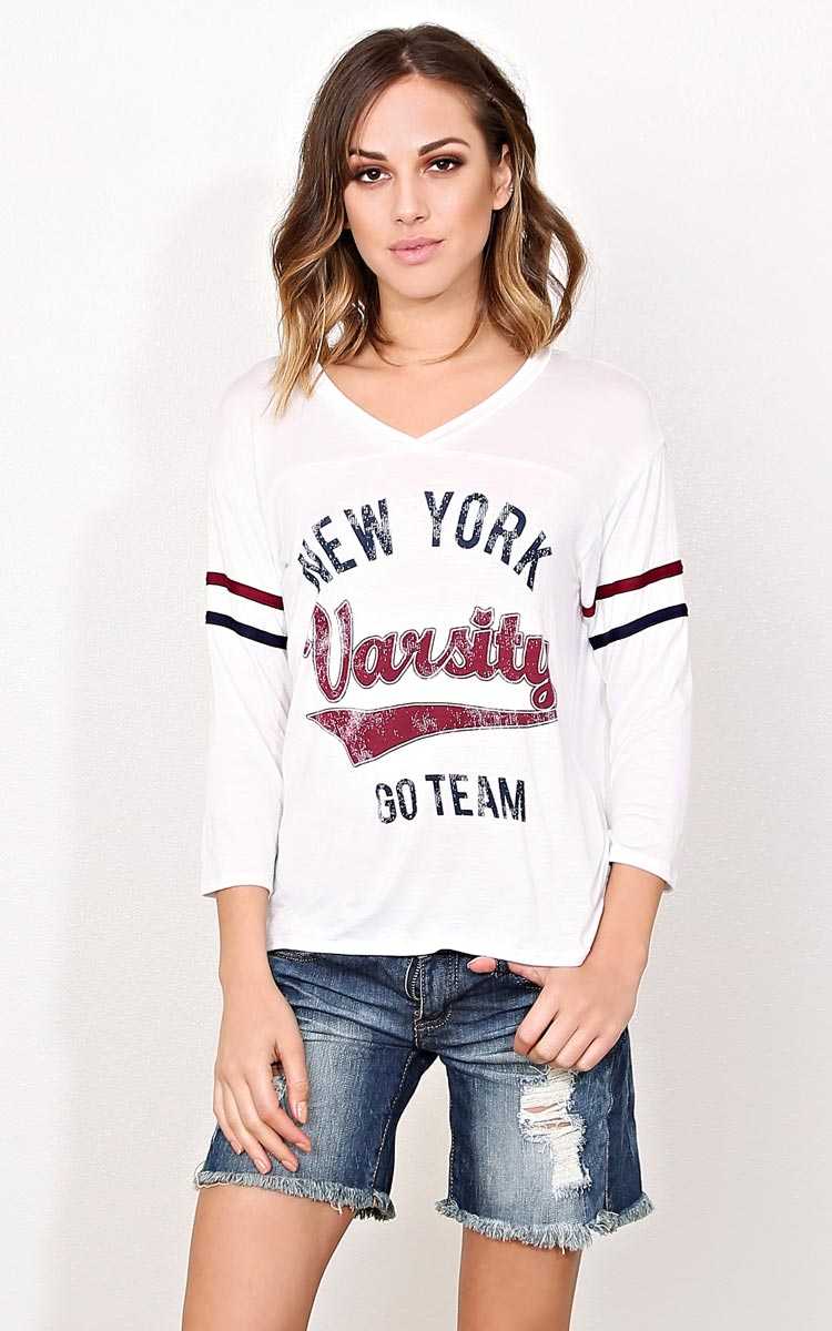 NEW YORK VARSITY Football Raglan - - White Combo in Size by Styles For Less
