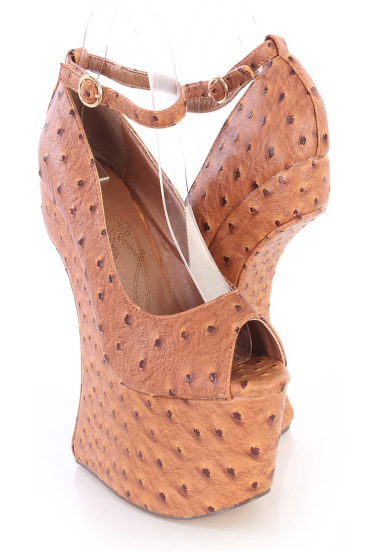 Tan Anti Gravity High Wedges Faux Ostrich Skin