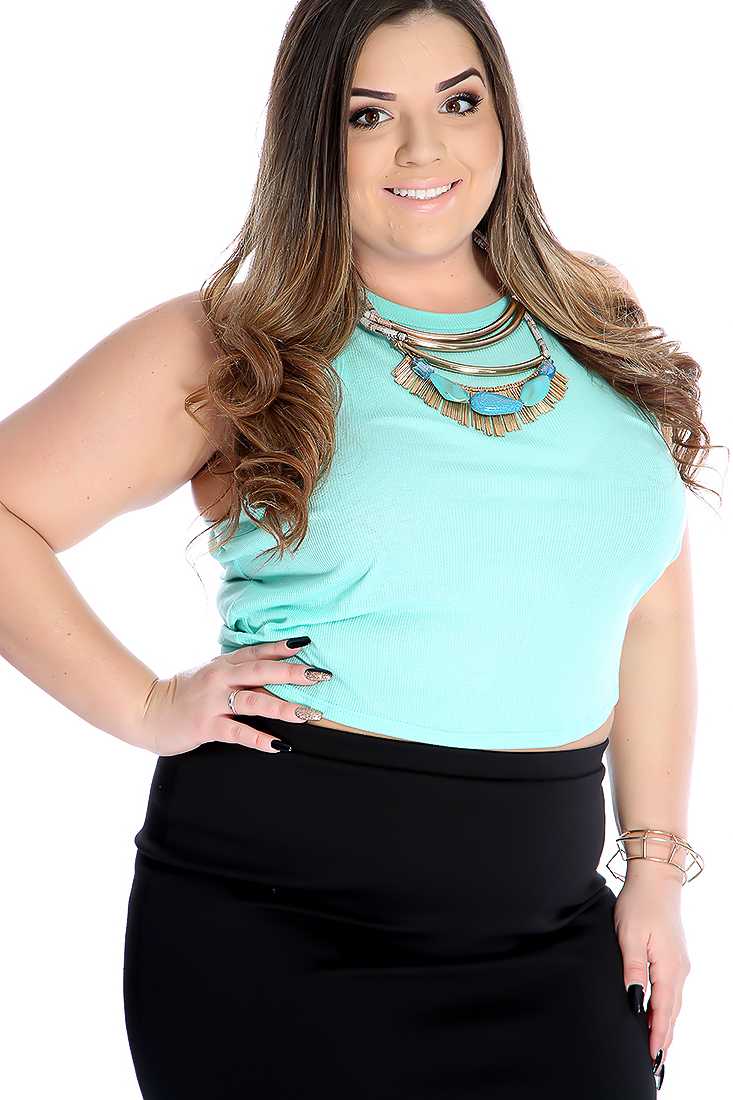 Mint Ribbed Sleeveless Racer Back Plus Size Crop Top