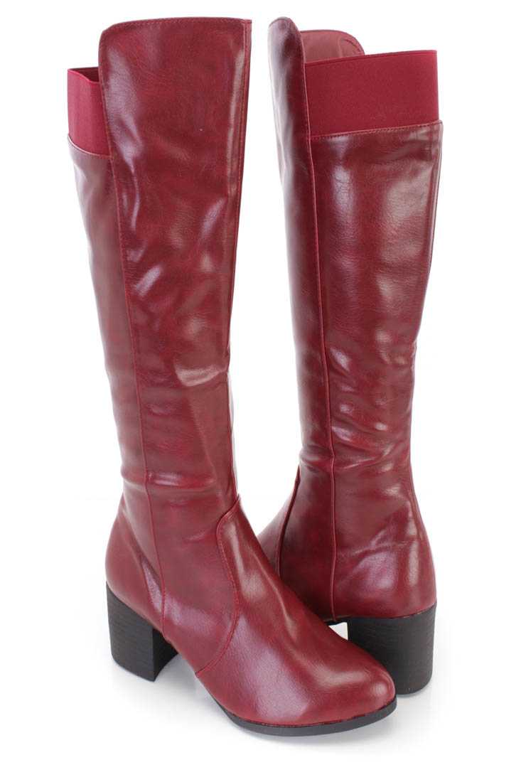 Wine Knee High Chunky Heel Boots Faux Leather