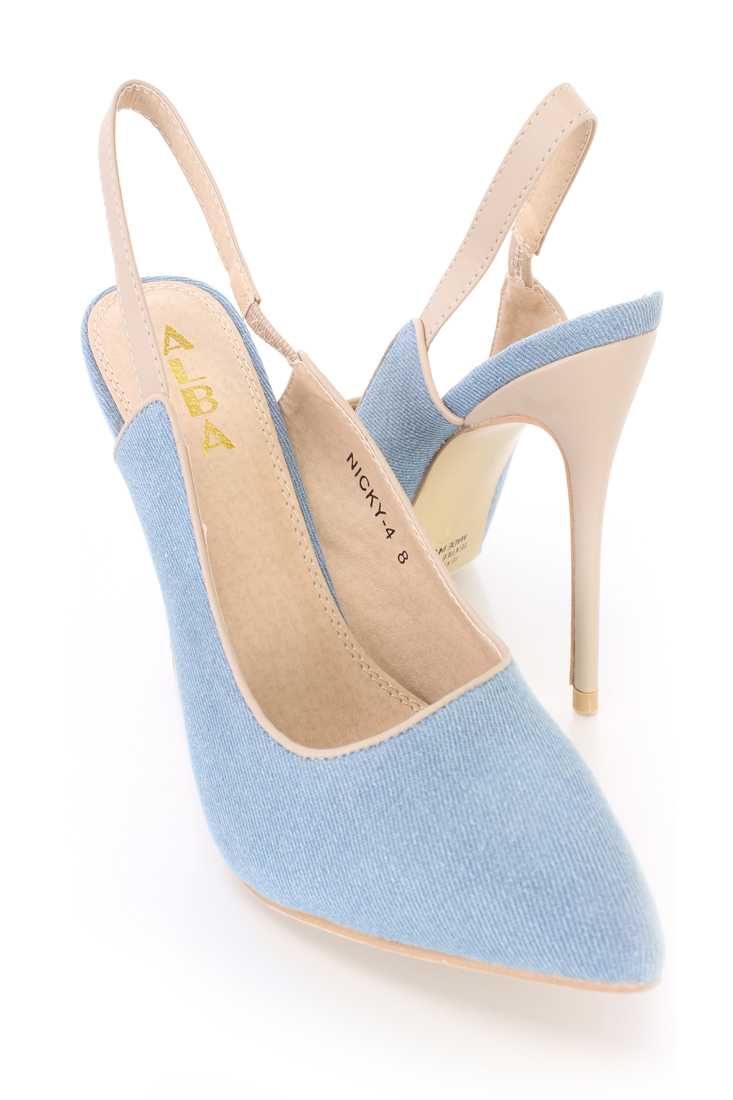 Light Blue Pointed Toe Single Sole Slingback High Heels Denim
