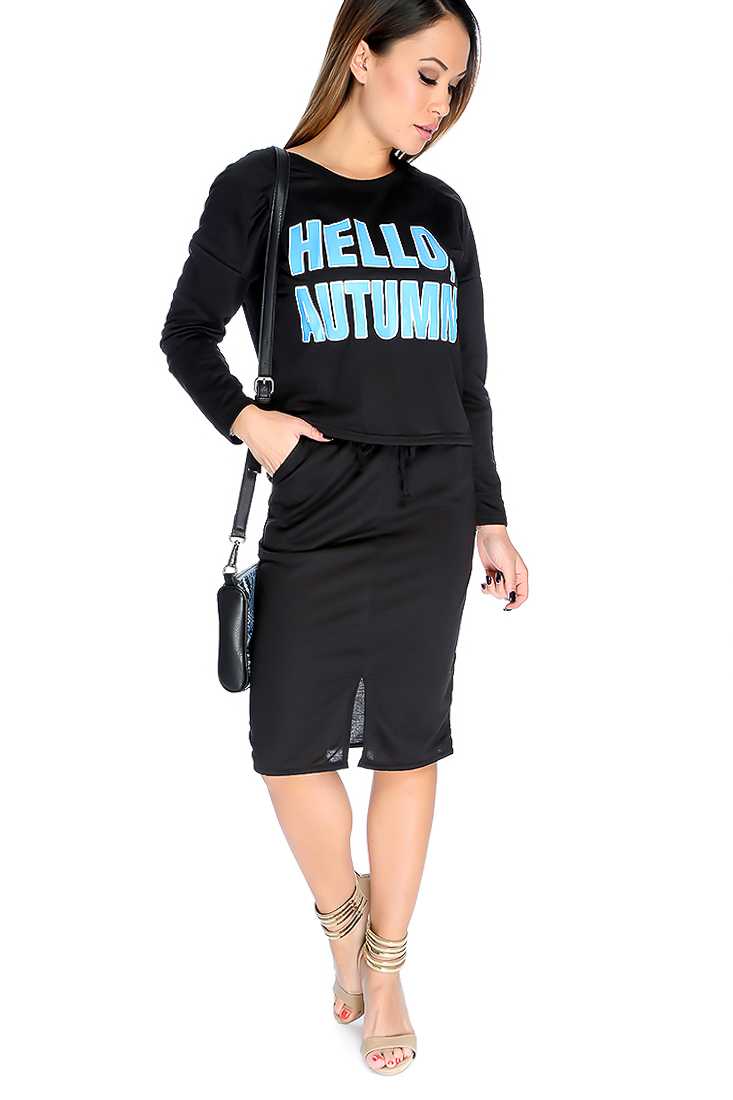 Black Long Sleeves Prints Front Slit 2 Piece Outfit