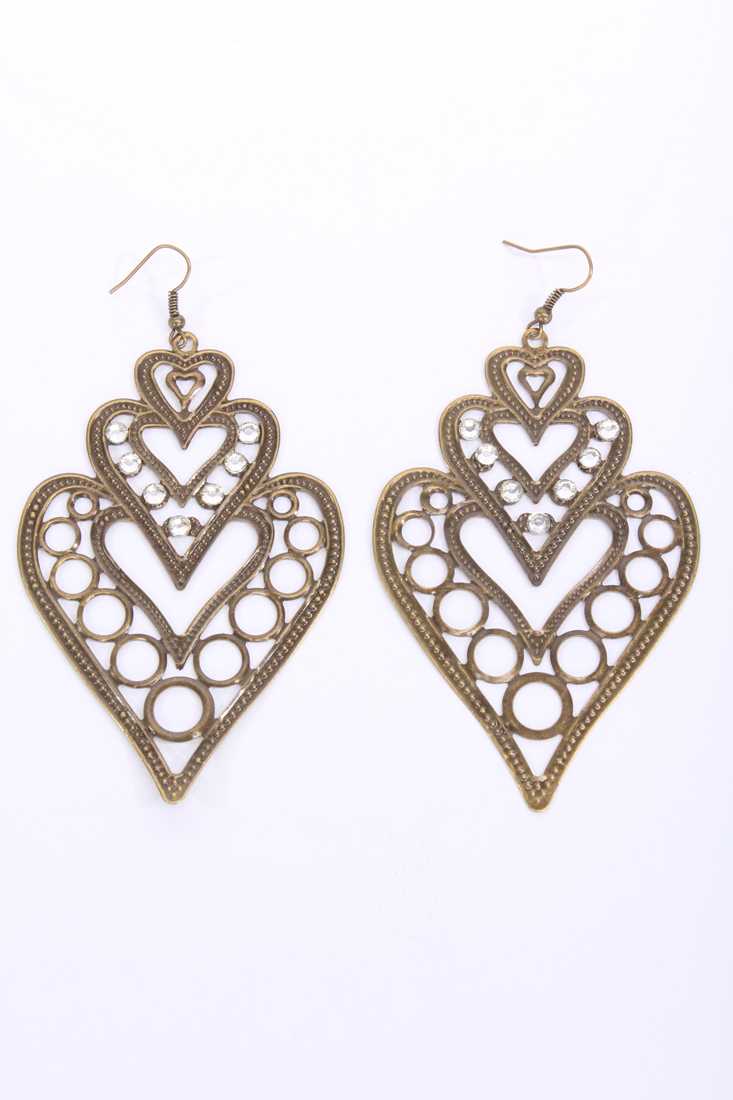 Vintage Gold Rhinestone Vintage Heart Shape Dangle Earrings