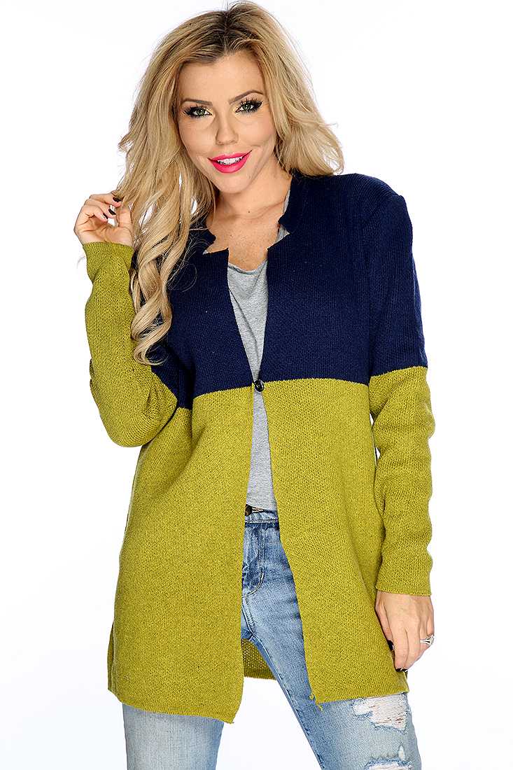 Navy Olive Long Sleeve Two Tone Open Front Sweater