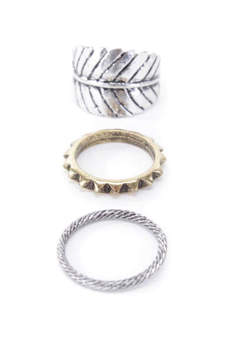 Silver Leaf Textured Studded Ring Set