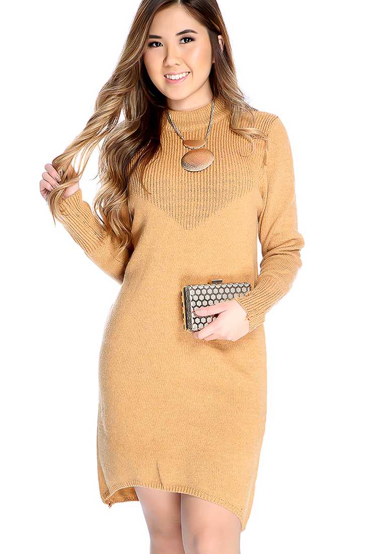 Camel Long Sleeve Mock Neck Casual Sweater Dress