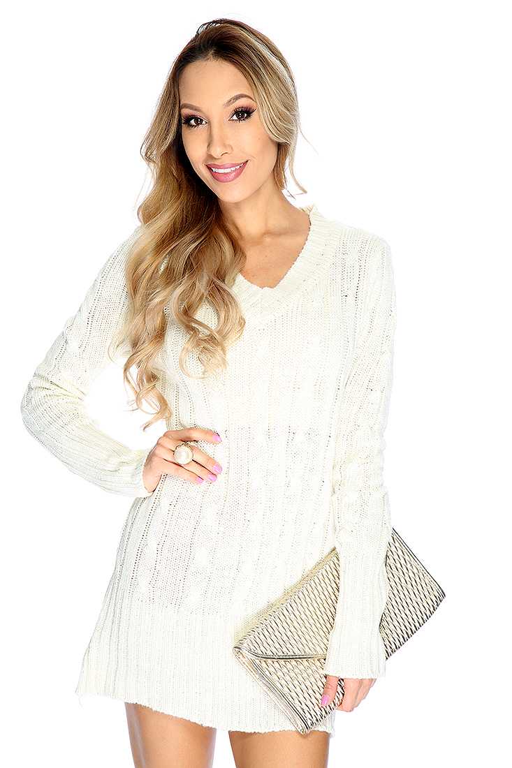 Ivory V-neck Cable Knitted Long Sleeve Short Sweater Party Dress