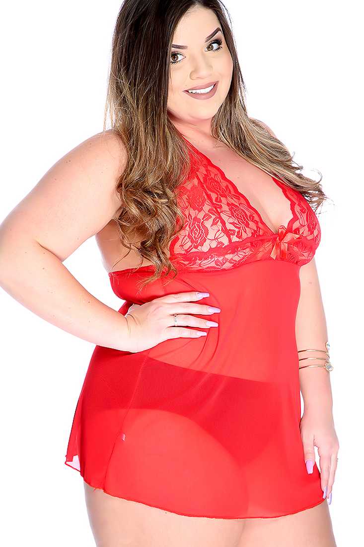Sexy Red Floral Lace Halter Plus Size Intimates