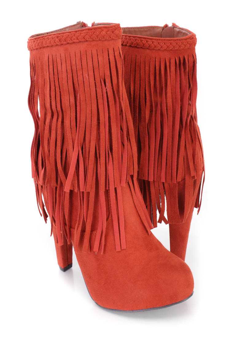 Burnt Orange Fringe High Heel Ankle Booties Faux Suede
