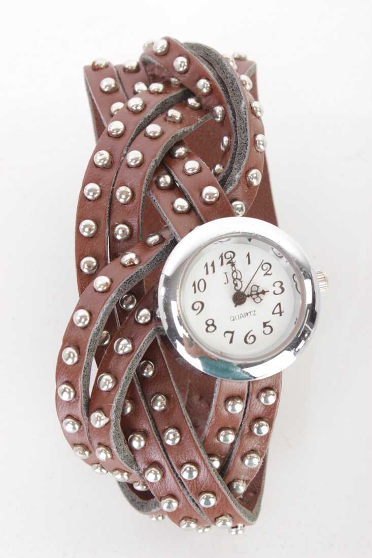 Brown Faux Leather Braided Studded Watch
