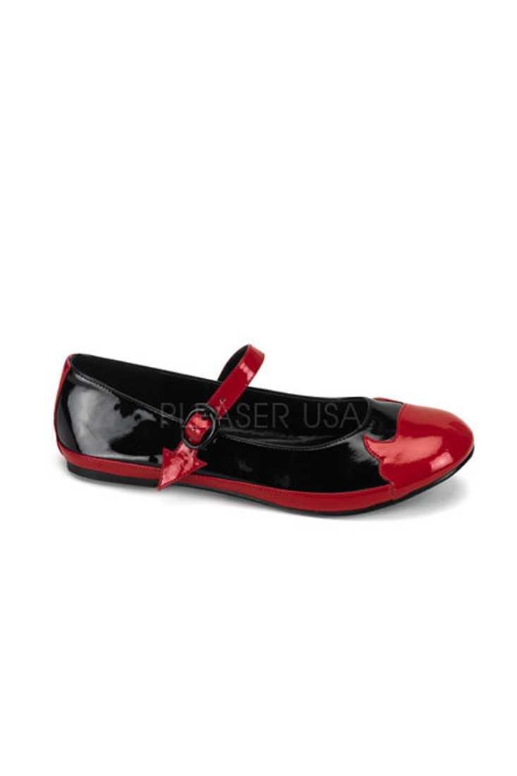 Black Red Mid Strap Devil Flats Faux Leather