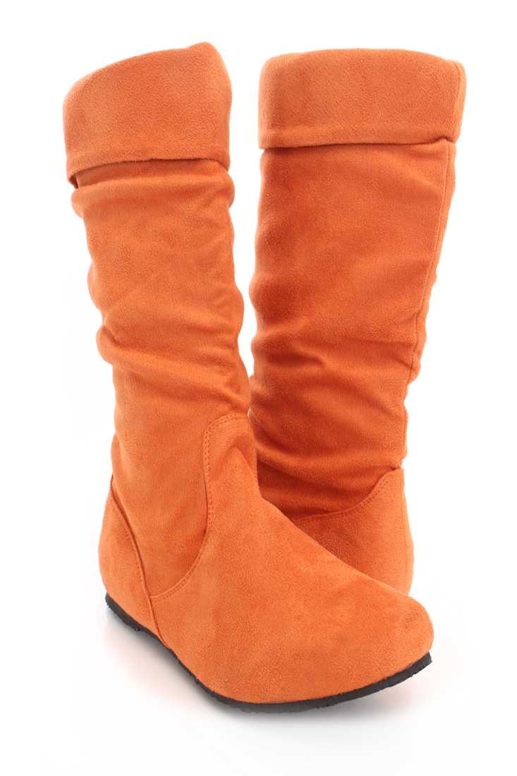 Orange Faux Suede Mid Calf Boots