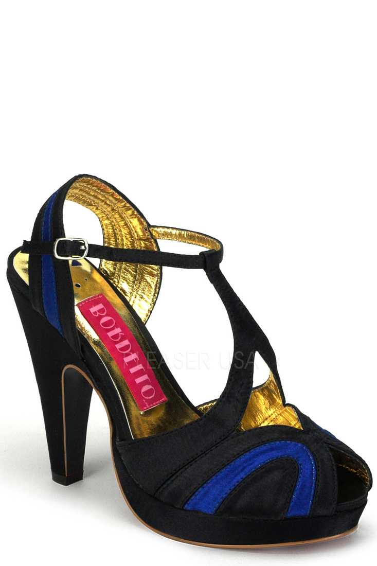Black Blue Two Tone T Strappy Peep Toe High Heels Satin