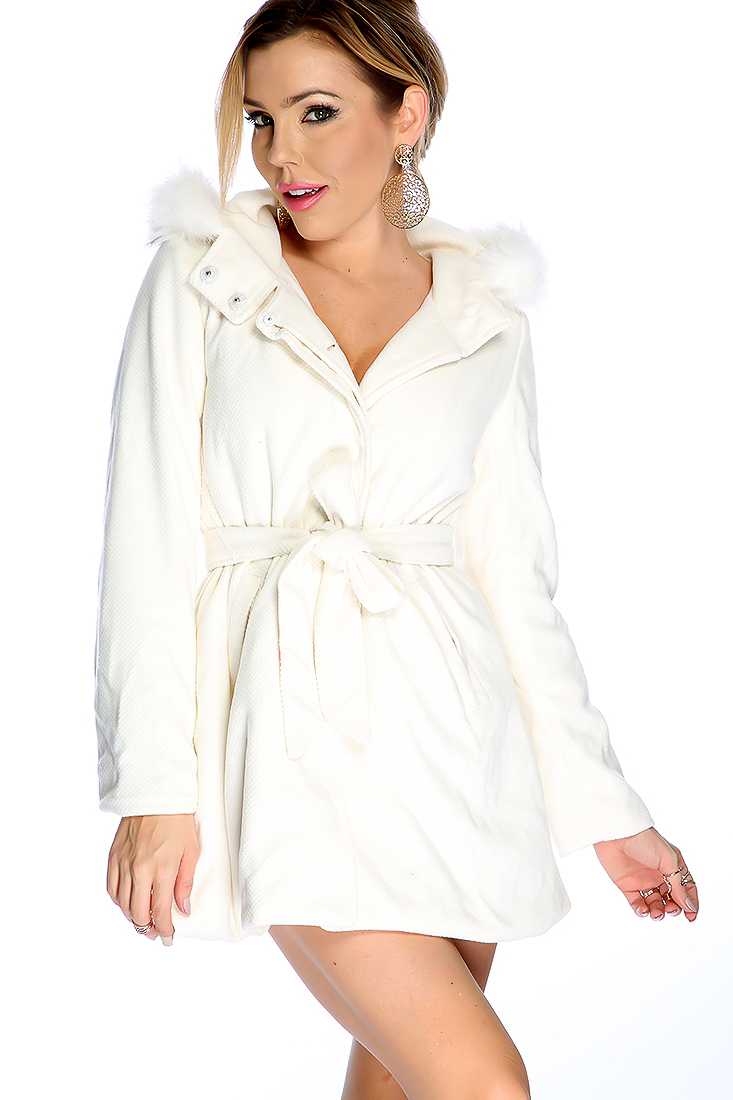 White Faux Fur Button Up Waist Tie Coat