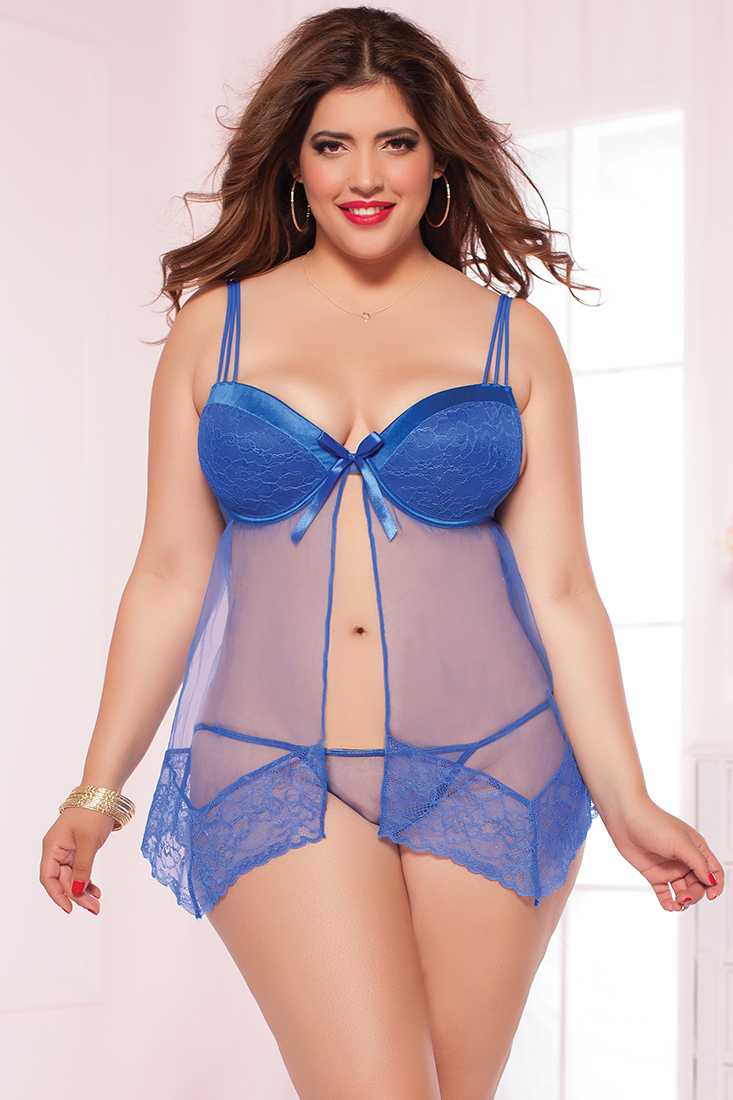Electric Blue Chantilly Lace Babydoll Lingerie Plus Size