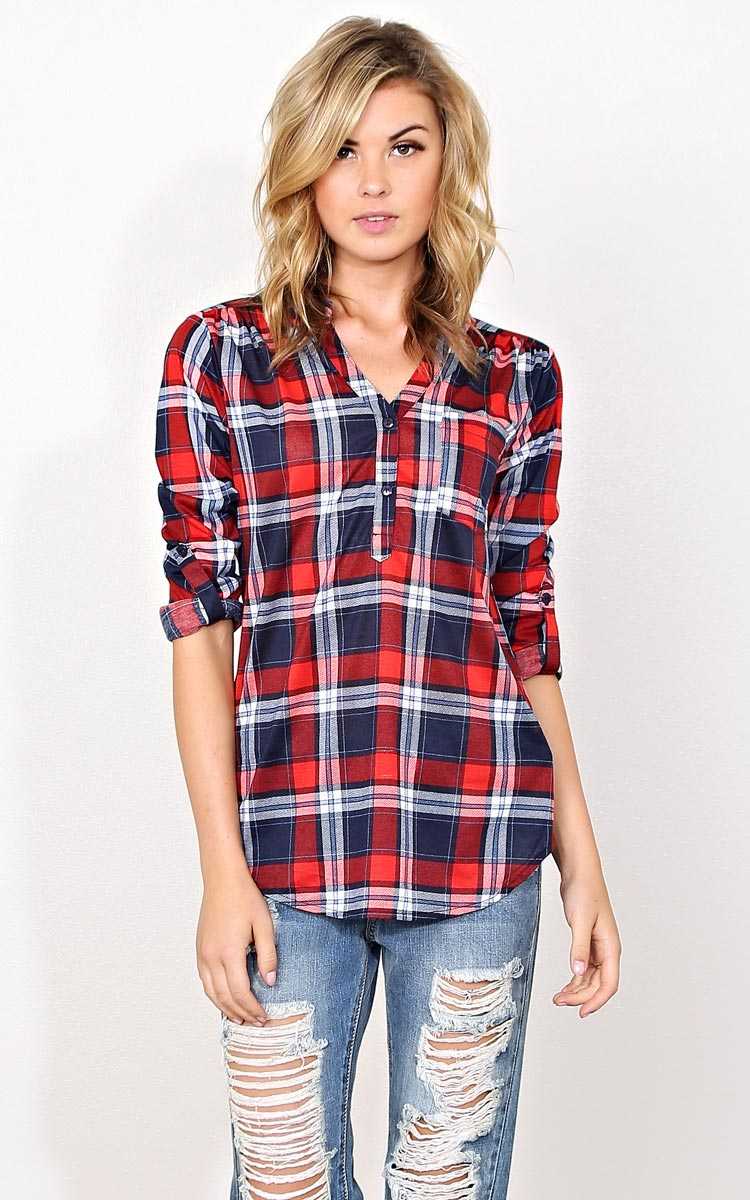 Plaid Obession Knit Henley - SML - Red Combo in Size Small by Styles For Less