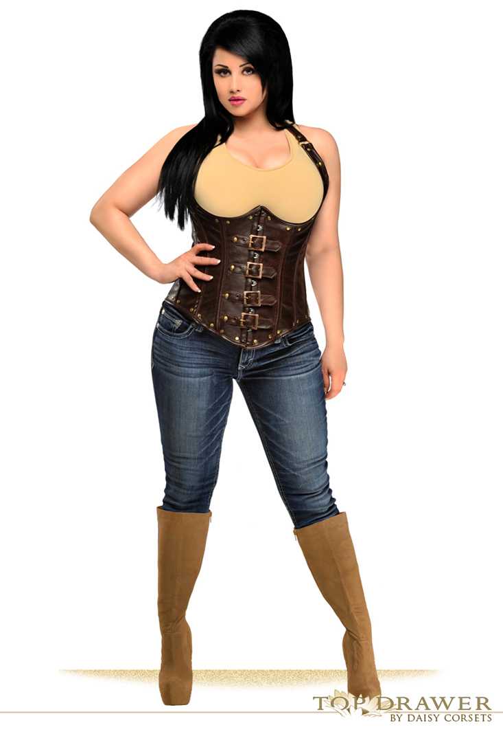 Distressed Brown Plus Size Faux Leather Underbust Corset Top