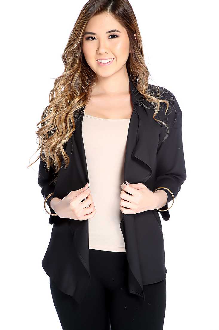 Black Ruffle Open Front Long Sleeves Outerwear