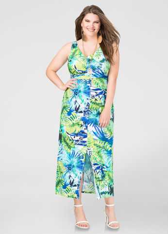 Front Slit Palm Print Maxi Dress
