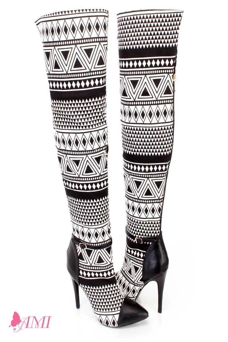 Black White Chevron Print Sexy Thigh High Boots Faux Suede