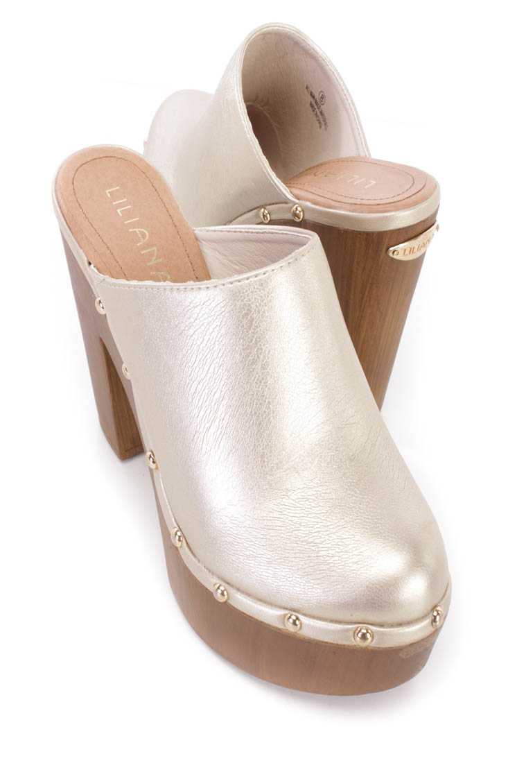 Gold Chunky Heel Slip On Clogs Faux Leather