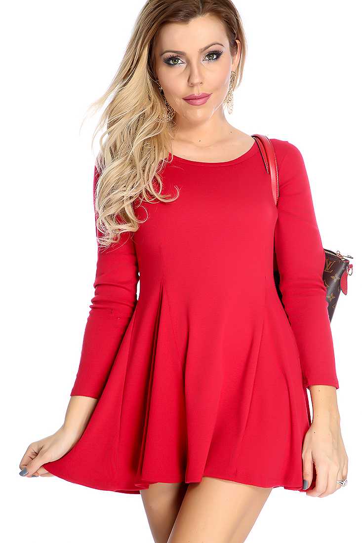 Red Long Sleeve A-Line Causal Party Dress