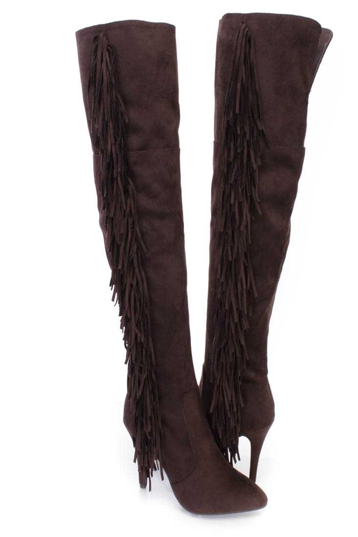 Brown Side Fringe Thigh High Heel Boots Faux Suede