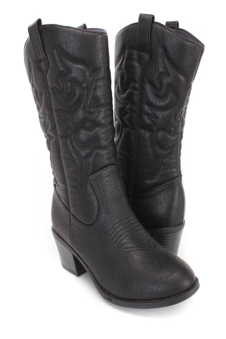 Black Stitching Detailing Cowboy Boots Faux Leather