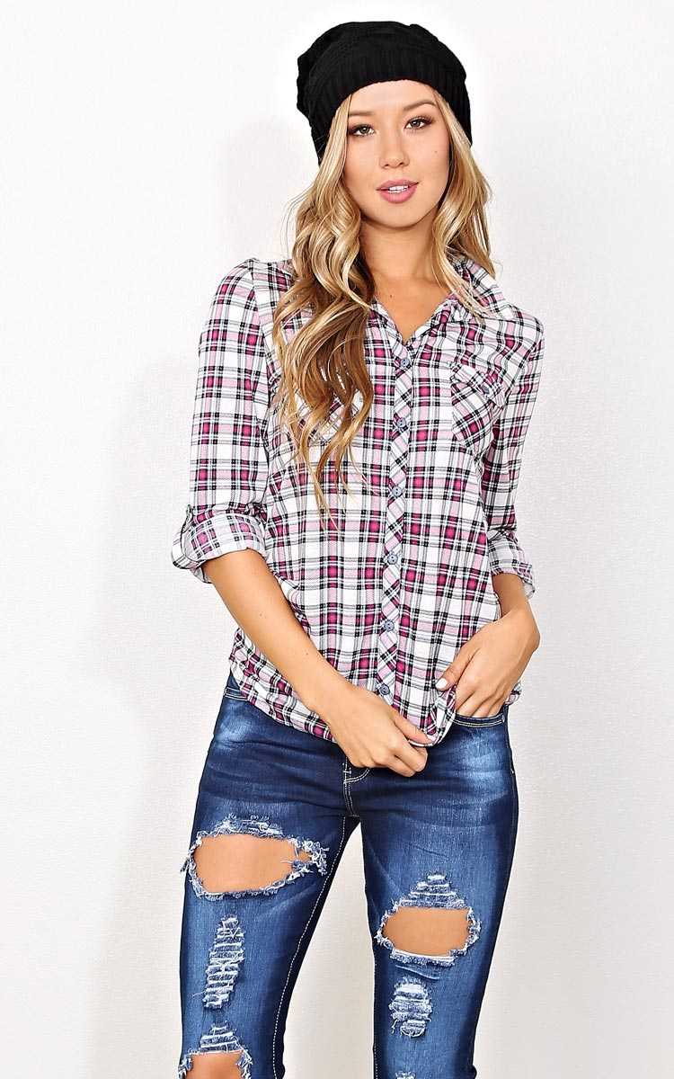 Uptown Knit Plaid Top - - Pink Combo in Size by Styles For Less