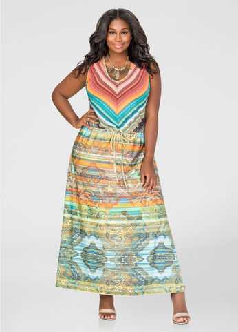 Printed Drawstring Maxi Dress