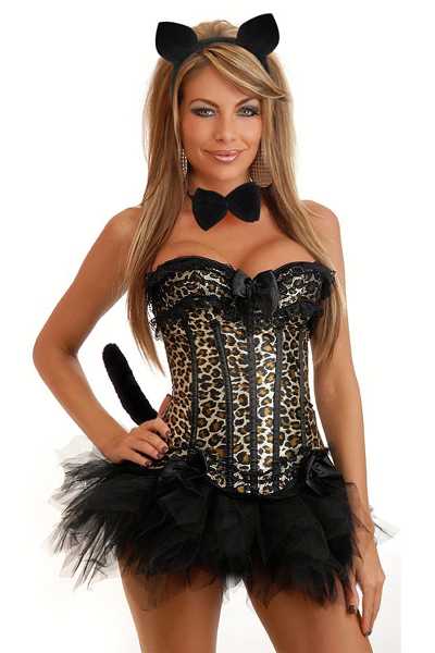Black 5 PC Burlesque Leopard Corset Costume