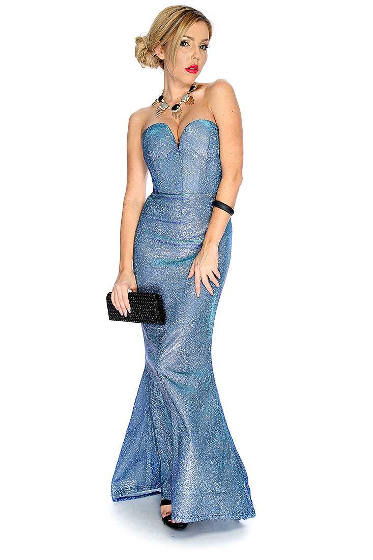 Blue Strapless Sequins Long Party Prom Dress