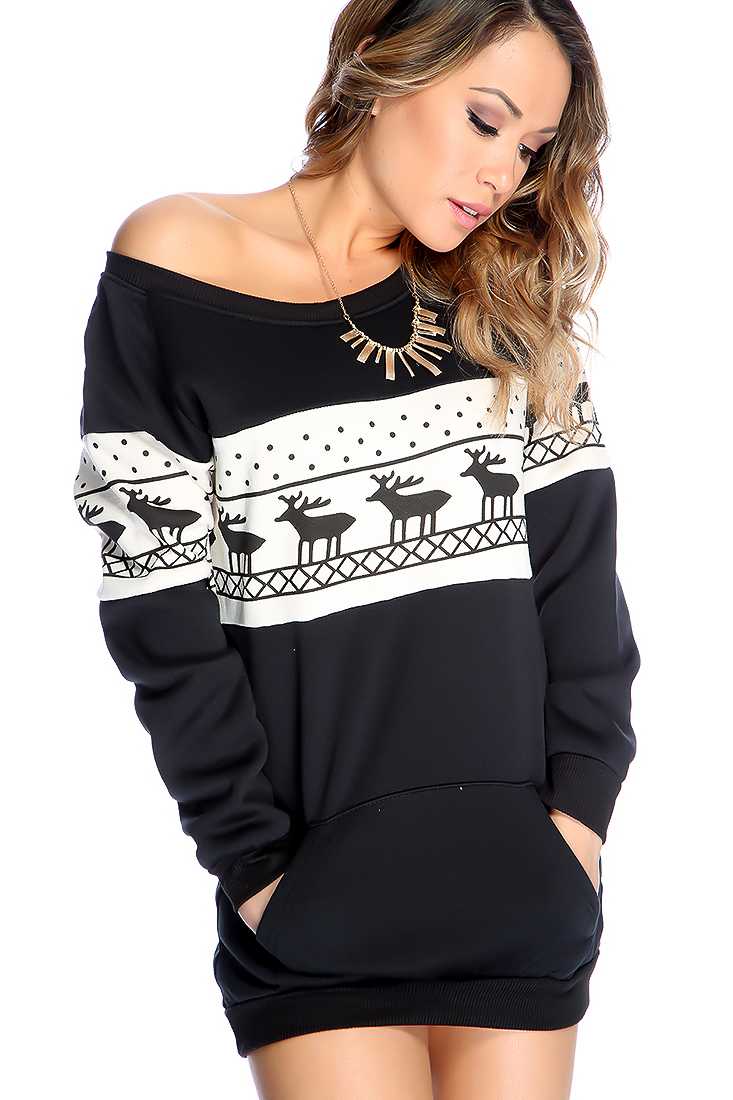 Black Long Sleeve Reindeer Print Casual Pullover