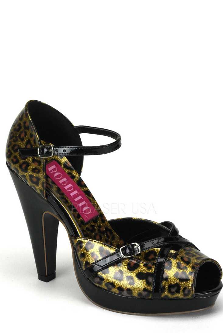 Gold Cheetah Print Pearlized Peep Toe High Heels Patent