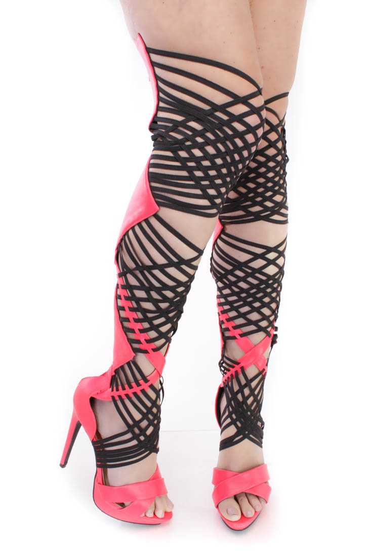 Coral Strappy High Heel Thigh High Boots Faux Leather
