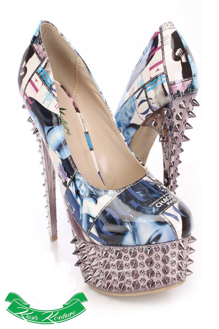 Black Magazine Print Pump High Heels Patent