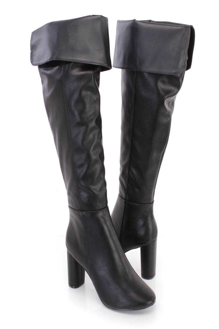 Black Cuffed Chunky High Heel Boots Faux Leather