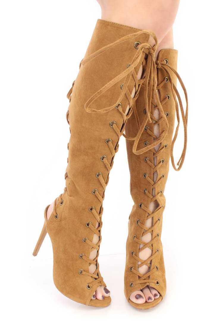 Chestnut Lace Up Peep Toe Knee High Heel Boots