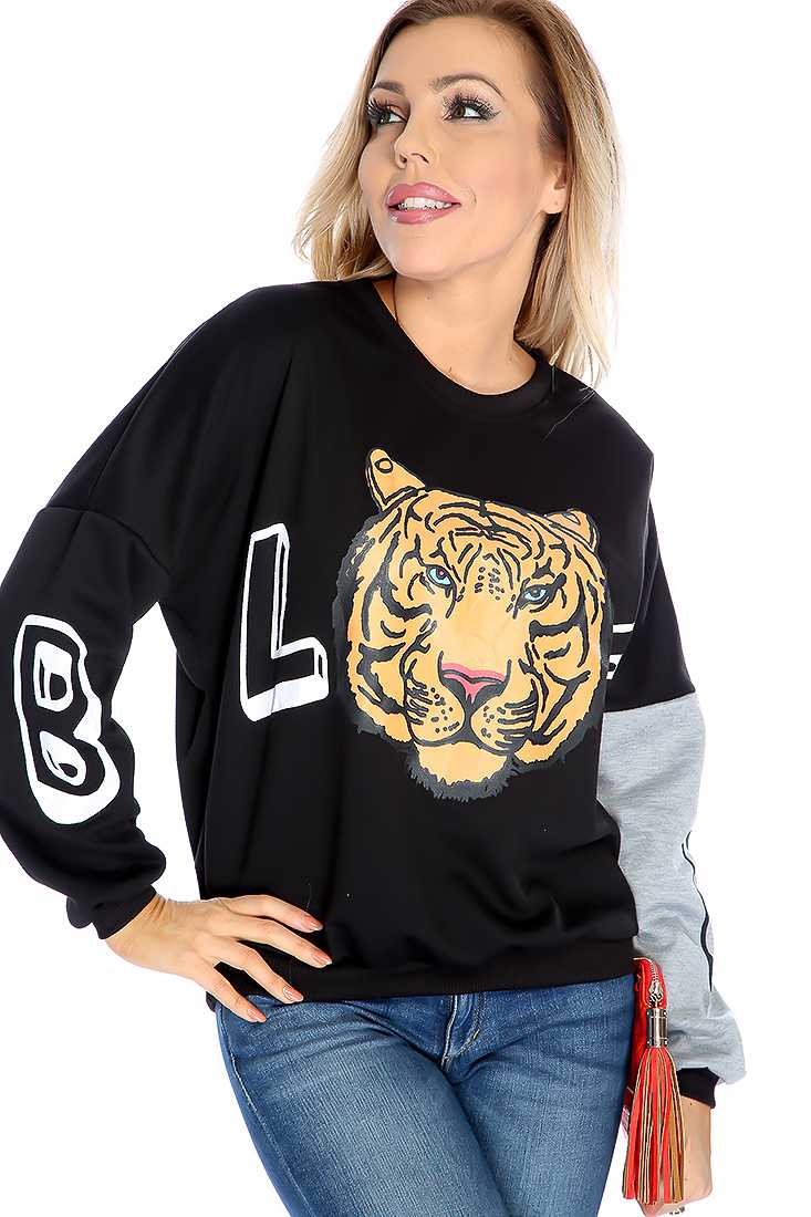 Black Graphic Print Long Sleeves Sweater